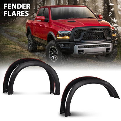 G-PLUS Fender Flares, Compatible With Dodge 2009-2018 Ram 1500, [Doesn't Fit R/T Models], Textured Black PP Injection Front Wheel Cover Protector Vent Trim 4pcs 68054338AB, 68054339AB