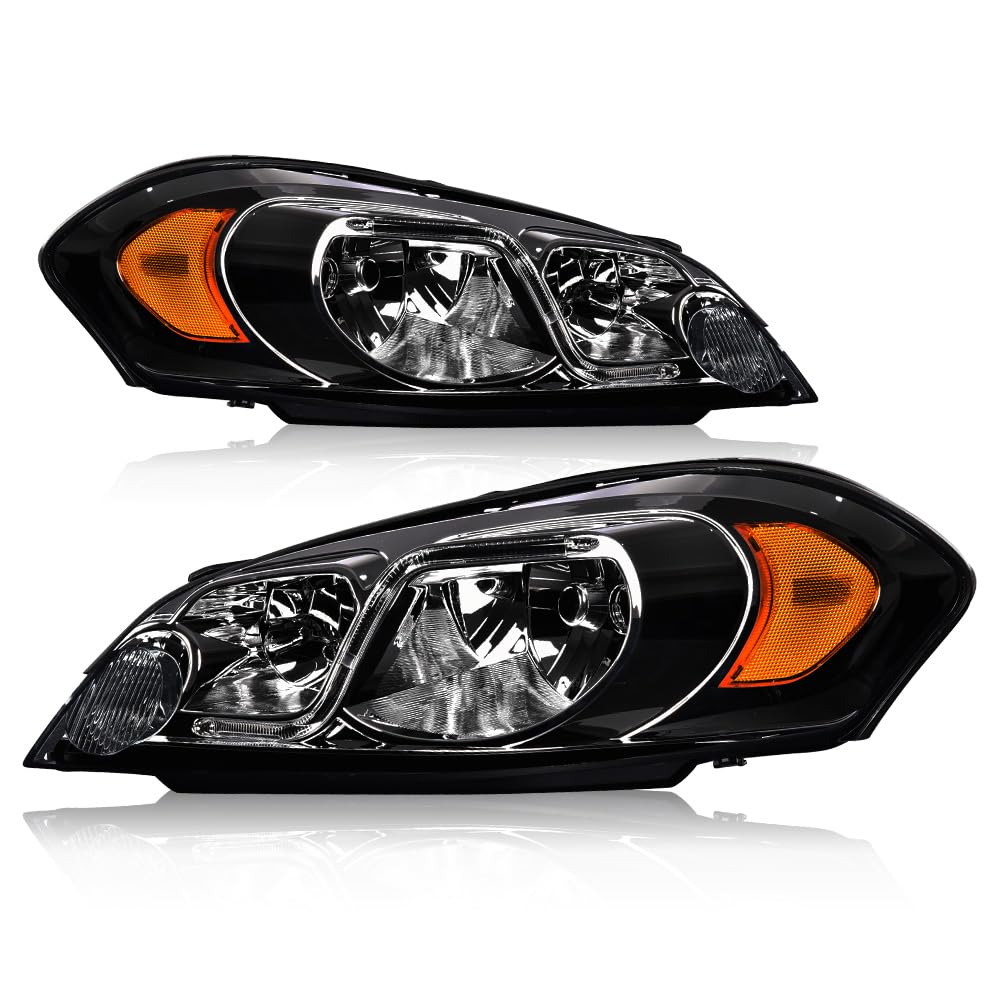 G-PLUS LED DRL Headlights Assembly W/o Bulbs, Fit 2006-2007 Chevy Monte Carlo/2006-2013 Chevy Impala/2014-2016 Impala Limited Headlamps, Smoky Lens Chrome Housing Amber Reflector,faros delanteros