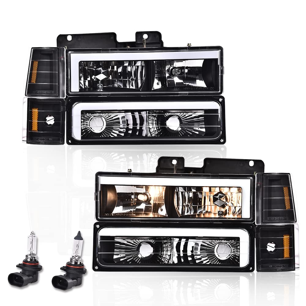 G-PLUS LED DRL headlights, Compatible with 1994 1995 1996 1997 1998 1999 2000 GMC C10 C/K C1500 bumper Headlamp, Clear lens Black Housing Amber Reflector