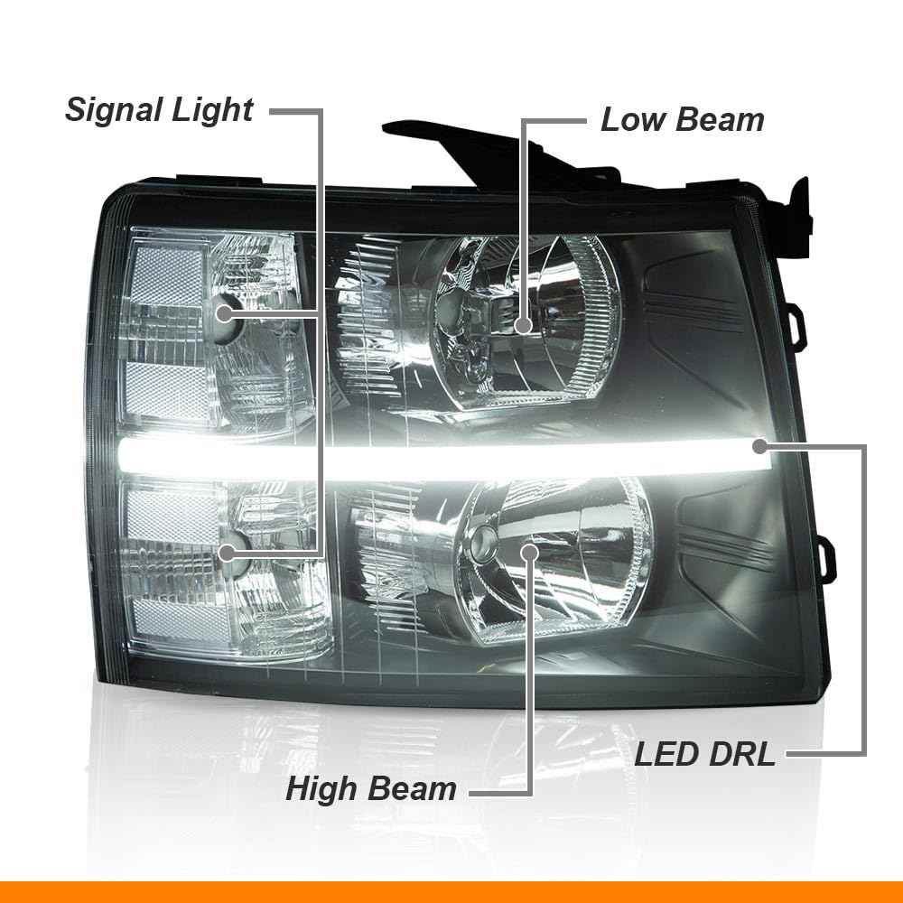 G-PLUS LED DRL Headlights, Fit 2007-2014 Chevy Silverado 2500 3500 & HD Models/Fit 2007-2013 Chevy Silverado 1500 Bumper Headlamps, Clear Lens Black Housing Clear Reflector