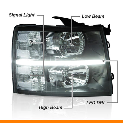 G-PLUS LED DRL Headlights, Fit 2007-2014 Chevy Silverado 2500 3500 & HD Models/Fit 2007-2013 Chevy Silverado 1500 Bumper Headlamps, Clear Lens Black Housing Clear Reflector