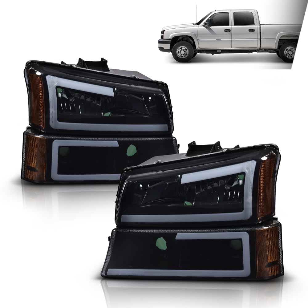 G-PLUS LED DRL Headlights, Compatible with Chevy Avalanche 1500 2500 2003 2004 2005 2006 Bumper Headlamps Clear Lens Black Housing Amber Reflector Left & Right,faros delanteros