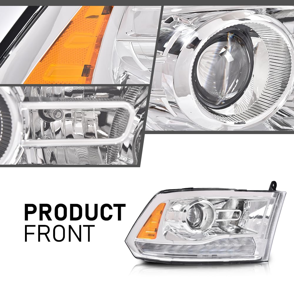 G-PLUS LED Projector Headlights,Compatible with 2009-2012 Dodge Ram 1500 2500 3500,Front Headlamps Assembly &Conversion Harness,Clear Lens Chrome Housing Amber Reflector,faros delanteros
