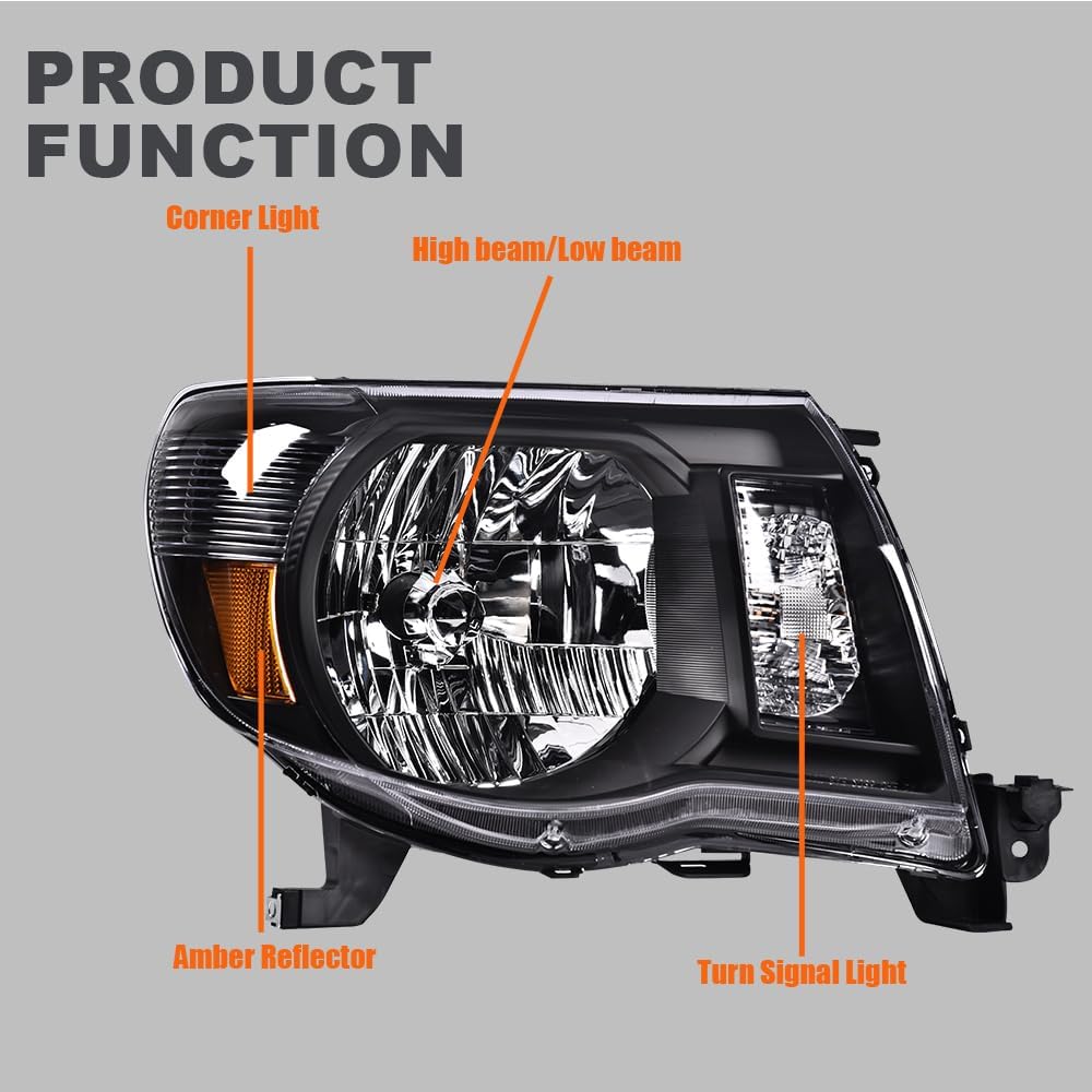 G-PLUS Headlights Assembly W/o Bulbs, Compatible with Toyota Tacoma 2005 2006 2007 2008 2009 2010 2011 Bumper Headlamps, Clear Lens Black Housing Amber Reflector