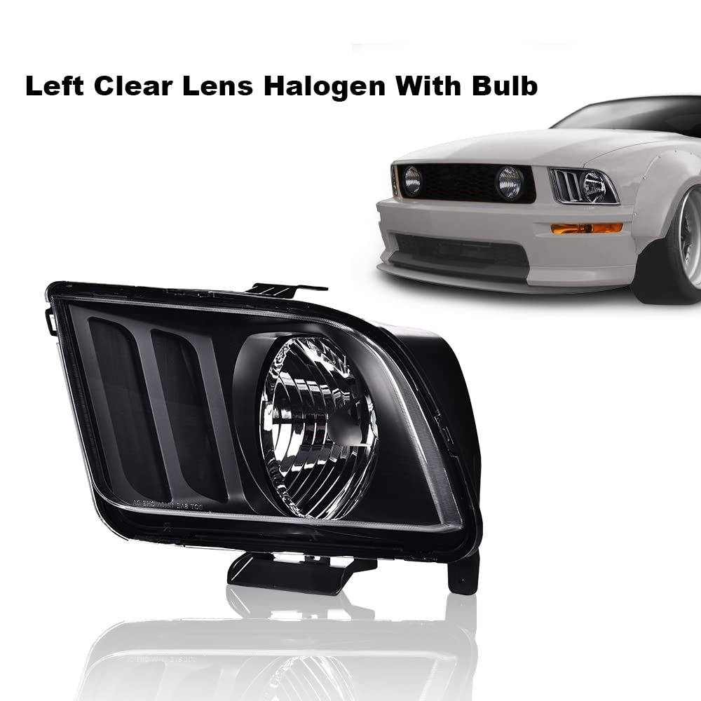 G-PLUS Headlight Compatible with Ford Mustang 2005-2009 Halogen Left Diver Side Clear Lens Black Housing Clear ReflectorBumper Headlamps,faros delanteros
