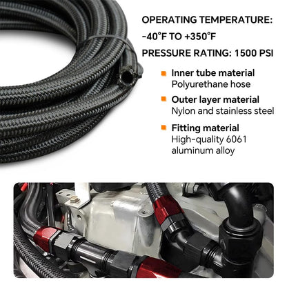G-PLUS Stainless Steel Oil/Fuel Hose & Fitting Hose End Adaptor Kit,Transmission Gas Oil Fuel Line Fittings Kit 5 Meter Universal Replacement (6AN, Black)