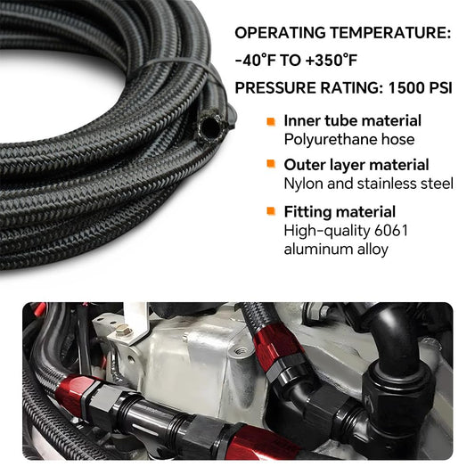 G-PLUS Stainless Steel Oil/Fuel Hose & Fitting Hose End Adaptor Kit,Transmission Gas Oil Fuel Line Fittings Kit 5 Meter Universal Replacement (6AN, Black)