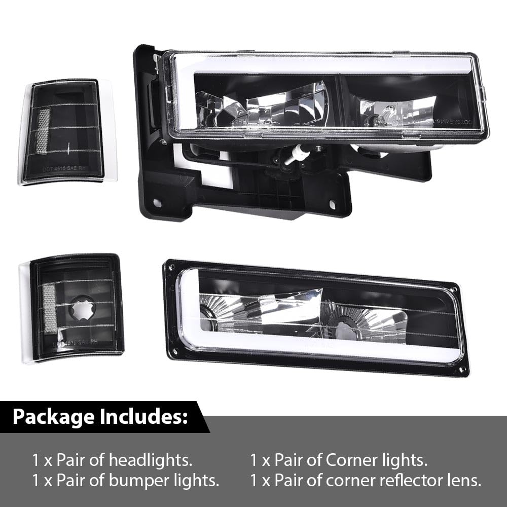 G-PLUS LED Lights Strip Headlight Bumper Lamp w/Bulb Compatible with GMC C1500 C2500 K1500 K2500 Suburban 1994-1999/Fit GMC C2500 C3500 K2500 K3500 1994-2000 Clear Lens Black Housing Clear Reflector