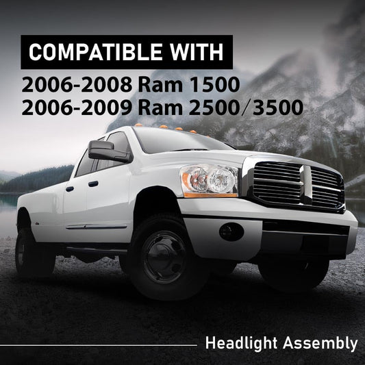 G-PLUS Headlights Assembly w/Bulbs Light Bar Right Passenger Side Compatible with Dodge Ram 1500 2006-2008/Fit Dodge Ram 2500 3500 2006-2009 Clear Lens Chrome Housing Amber Reflector 55077794AB