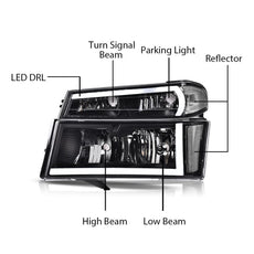 G-PLUS LED DRL Headlights for Chevy Colorado GMC Canyon Isuzu 2004-2012 Black Housing Close-up View