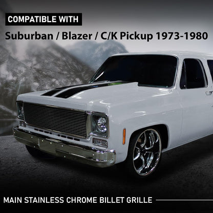 G-PLUS Main Stainless Steel Chrome Billet Grille Grill Compatible with Chevy Blazer C/K Pickup Suburban 1973-1980, Compatible with GMC C/K Pickup Suburban 1973-1980