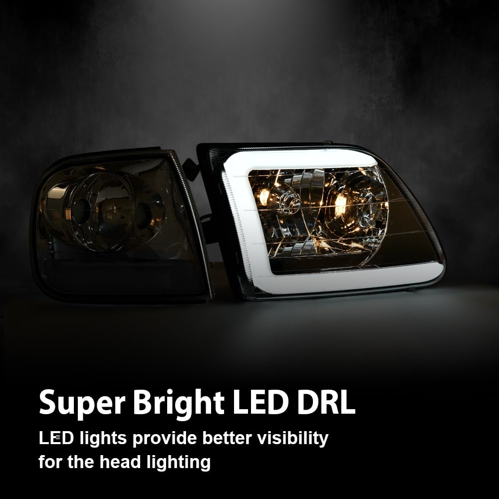 G-PLUS LED DRL Lightning Style Headlights & Corner Parking Lights Compatible with 1997-2002 Ford Expedition/Fit 1998-2003 Ford F150/Fit 1997-1999 F250 Clear Lens Chrome Housing Clear Reflector