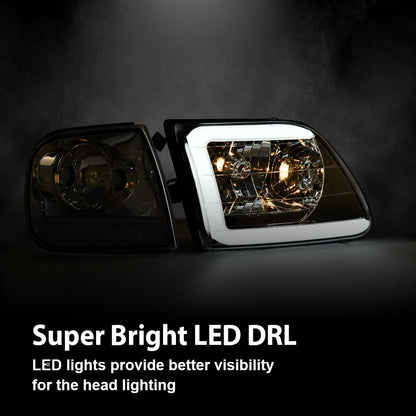 G-PLUS LED DRL Lightning Style Headlights & Corner Parking Lights Compatible with 1997-2002 Ford Expedition/Fit 1998-2003 Ford F150/Fit 1997-1999 F250 Clear Lens Chrome Housing Clear Reflector