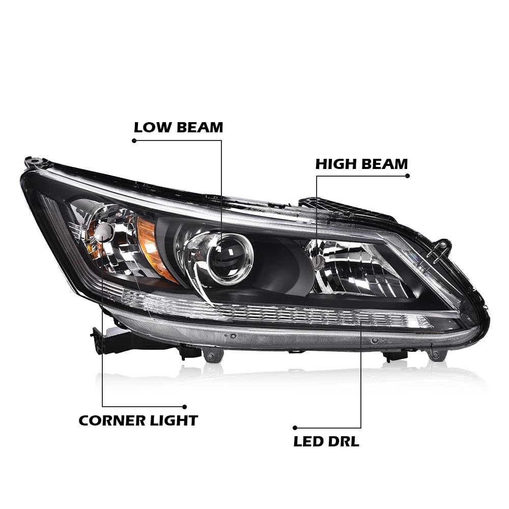 G-PLUS One Right Passenger Side Headlight Compatible with Honda Accord 2013 2014 2015 Headlamp Halogen Clear Lens Black Housing Amber ReflectorBumper Headlamps,faros delanteros
