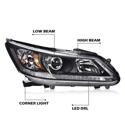 G-PLUS One Right Passenger Side Headlight Compatible with Honda Accord 2013 2014 2015 Headlamp Halogen Clear Lens Black Housing Amber ReflectorBumper Headlamps,faros delanteros