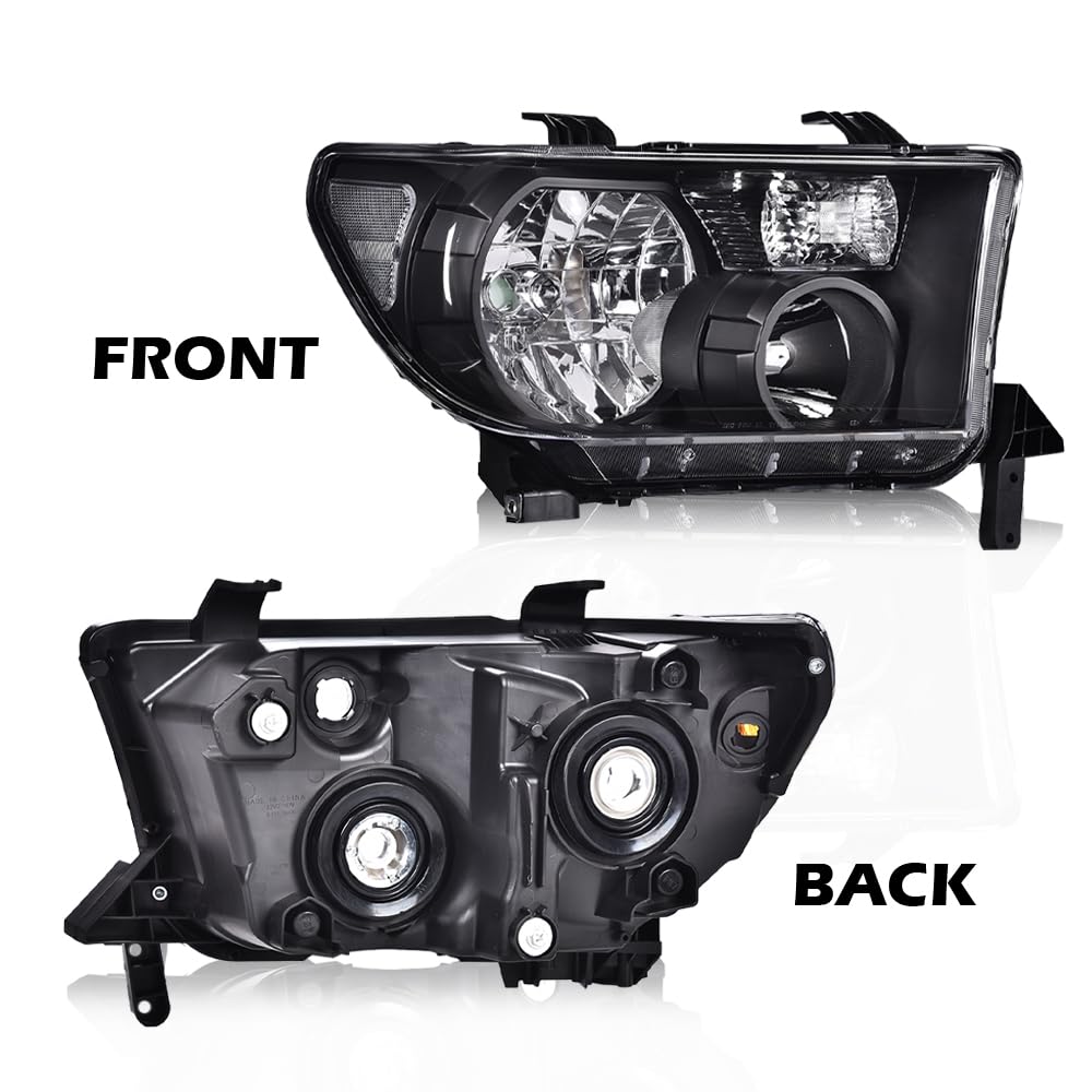 G-PLUS Headlights Compatible with Toyota Tundra 2007-2013/Compatible with Toyota Sequoia 2008-2017 Headlamps Pair Halogen Clear Lens Black Housing Clear Reflector,faros delanteros