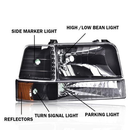 G-PLUS Headlights Fit Ford F150 250 350 Bronco/F-Super Duty 1992-1997 w/Corner Signal Driver Passenger Headlamps Clear Lens Black Housing Amber Reflector,faros delanteros
