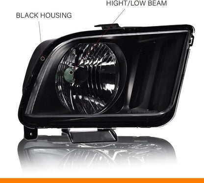 G-PLUS Headlights Assembly Compatible with Ford Mustang 2005-2009 4R3Z13008AA,4R3Z13008AB Bumper Headlamps Left & Right Clear Lens Black Housing Amber Reflector faros delanteros