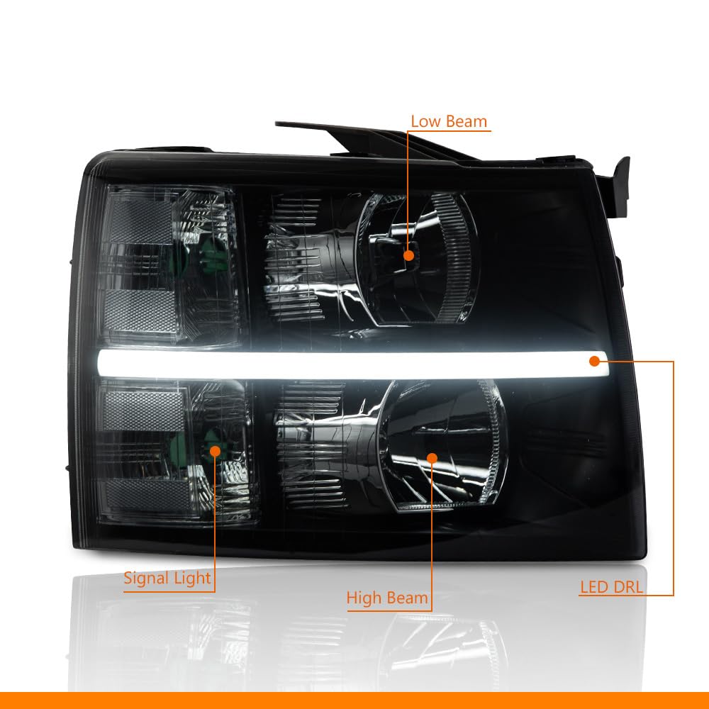 G-PLUS LED DRL Headlights, Compatible with Chevy Silverado 2500 3500 & HD 2007-2014,Fit Chevy Silverado 1500 2007-2013, Smoky lens Black Housing Clear Reflector Bumper Headlamp Left &Right