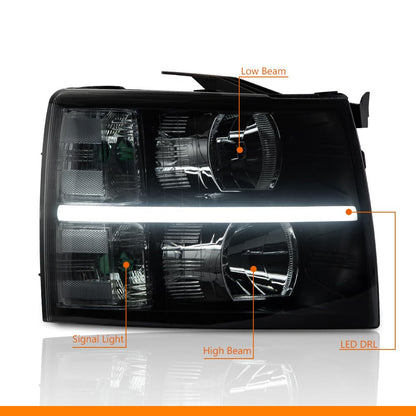 G-PLUS LED DRL Headlights, Compatible with Chevy Silverado 2500 3500 & HD 2007-2014,Fit Chevy Silverado 1500 2007-2013, Smoky lens Black Housing Clear Reflector Bumper Headlamp Left &Right