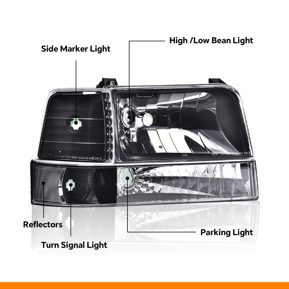 G-PLUS Headlights Fit Ford F150/250/350 Bronco/F-Super Duty 1992-1997 w/Corner Signal Driver Passenger Headlamps Clear Lens Black Housing Clear Reflector,faros delanteros