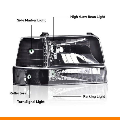 G-PLUS Headlights Fit Ford F150/250/350 Bronco/F-Super Duty 1992-1997 w/Corner Signal Driver Passenger Headlamps Clear Lens Black Housing Clear Reflector,faros delanteros