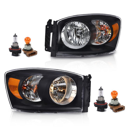 G-PLUS Headlights w/Bulbs Compatible with Dodge Ram 1500 2006-2008/Fit Dodge Ram 2500 3500 2006-2009,CH2503180 Clear Lens Black Housing Amber Reflector Bumper Headlamps,faros delanteros Assembly