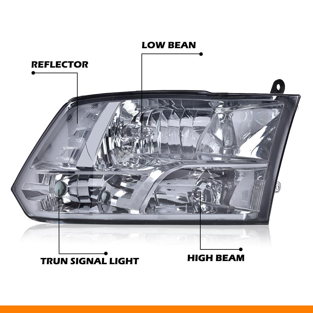 G-PLUS Headlights Fit Dodge Ram 1500 2500 3500 2009-2012 New Body, Only Fit Factory Quad, Smoky Lens Chrome Housing Clear Reflector, Headlamps, faros delanteros Assembly