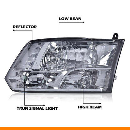 G-PLUS Headlights Fit Dodge Ram 1500 2500 3500 2009-2012 New Body, Only Fit Factory Quad, Smoky Lens Chrome Housing Clear Reflector, Headlamps, faros delanteros Assembly