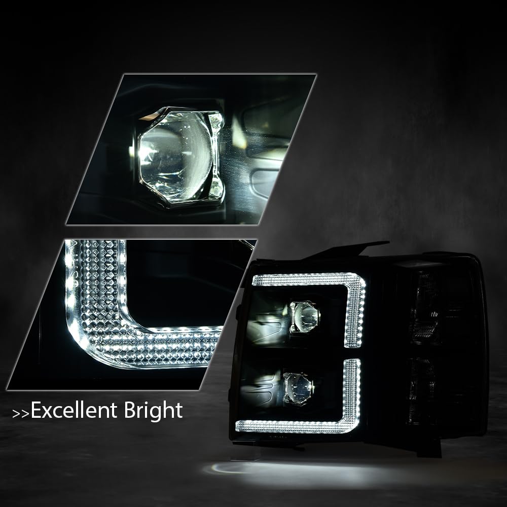 G-PLUS LED Tube Dual Projector Headlights w/Bulbs,Fit Chevy Silverado 1500 2007-2013/Fit Silverado 2500 3500 & HD 2007-2014, Headlamps faros delanteros,Clear Lens Black Housing Clear Reflector