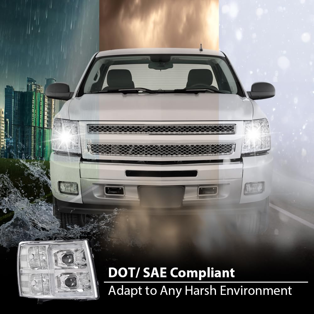 G-PLUS LED Tube Dual Projector Headlights Assembly,Fit Chevy Silverado 1500 2007-2013/Fit Silverado 2500 3500 & HD 2007-2014,Clear Lens Chrome Housing Clear Reflector,faros delanteros