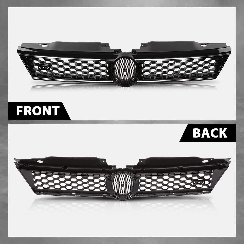 G-PLUS Front Upper Grille Grill Trim Gloss Black Honeycomb W/Chrome Trim Compatible with Volkswagen VW Jetta 2010-2014 5C6853653A