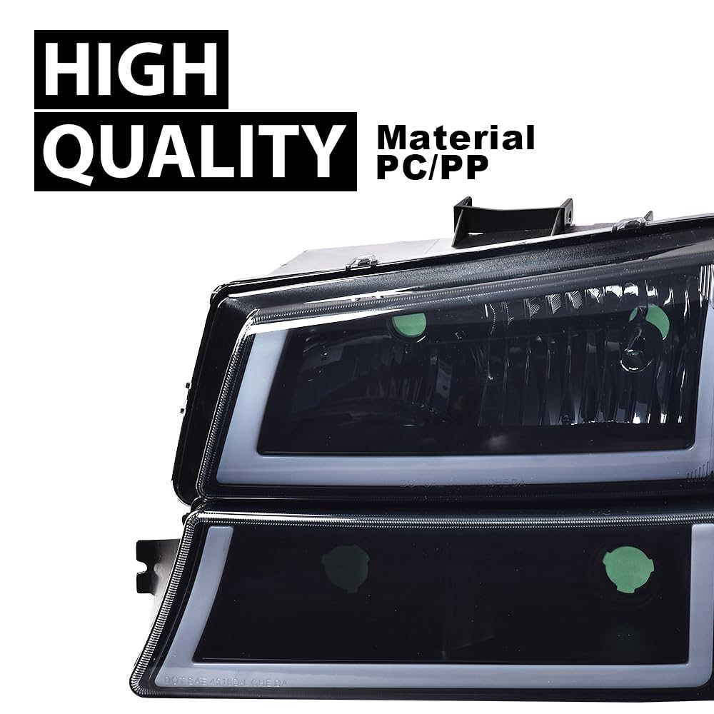 G-PLUS LED DRL headlights Headlamps, Compatible with 2003 2004 2005 2006 Chevy Silverado 1500/1500 HD/2500 HD/3500, Smoky Lens Black Housing Clear Reflector,faros delanteros