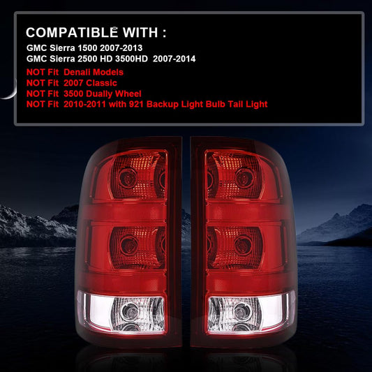 G-PLUS Tail Lights Lamps w/Bulbs & Wiring Harness Compatible with GMC Sierra 1500 2500 3500HD 2007-2013 Left+Right Red Lens Taillamps Brakelights Luces Traseras Faros TraserosAssembly