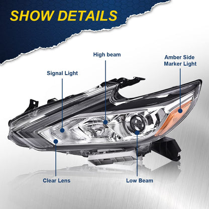 G-PLUS Headlights, Fit 2016-2018 Nissan Altima 4-Door Sedan,(Compatible w/o LED Halogen Headlight),Automotive Halogen Type Headlamps Chrome Housing,Driver Side(Left),faros delanteros