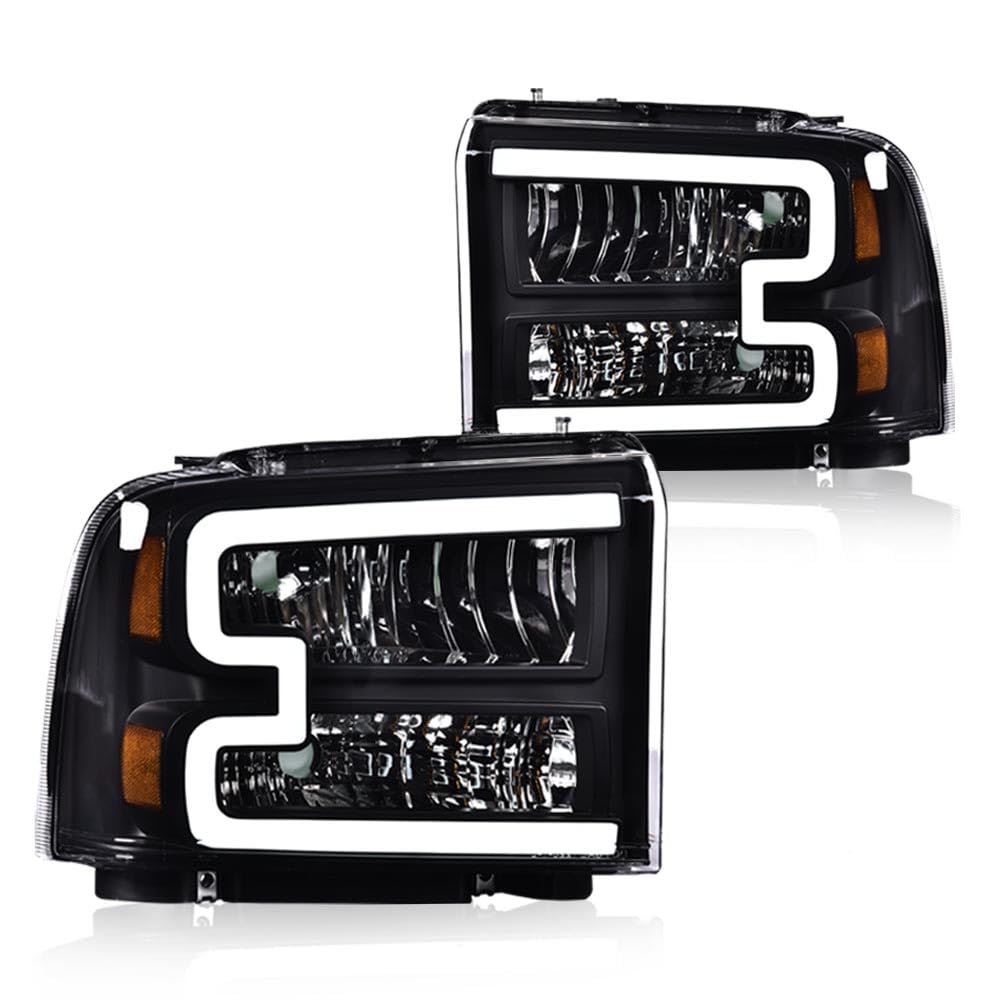 G-PLUS LED Headlights Compatible with Ford F250 F350 F450 F550 Super Duty 2005-2007 DRL BAR Headlamps Clear Lens Black Housing Amber Reflector,faros delanteros