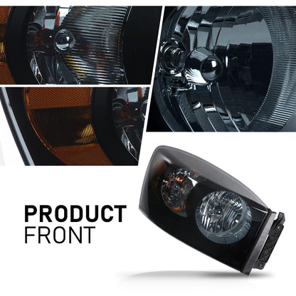 G-PLUS Headlights Assembly Left and Right Side Compatible with Dodge Ram 1500 2006-2008/Fit Dodge Ram 2500 3500 2006-2009 Smoke Lens Black Housing Amber Reflector 68003125AD 68003124AD