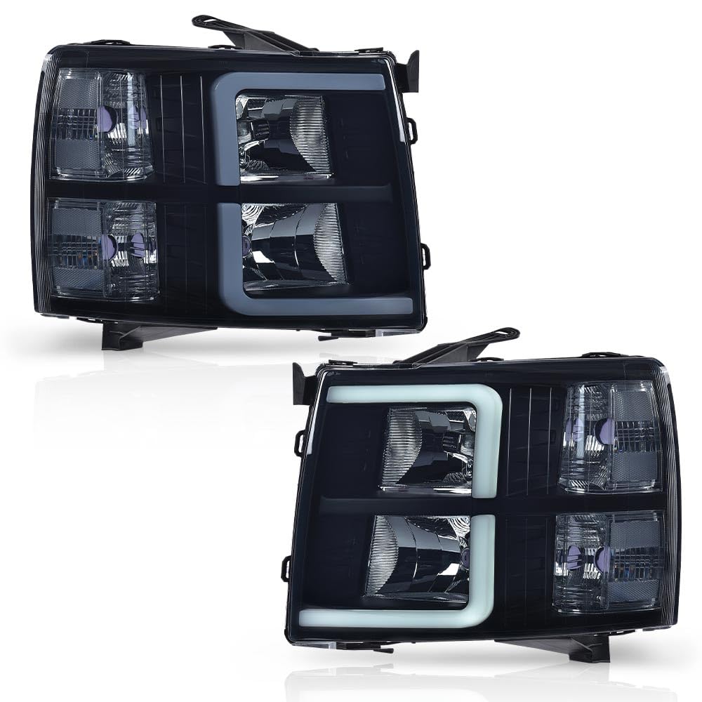 G-PLUS DRL Tube Projector LED Headlights Assembly Fit Chevy Silverado 1500 2007-2013, Fit Chevy Silverado 2500 HD 3500 HD 2007-2014 Headlamps w/o Bulbs Smoky Lens Black Housing Clear Reflector