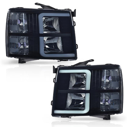 G-PLUS DRL Tube Projector LED Headlights Assembly Fit Chevy Silverado 1500 2007-2013, Fit Chevy Silverado 2500 HD 3500 HD 2007-2014 Headlamps w/o Bulbs Smoky Lens Black Housing Clear Reflector