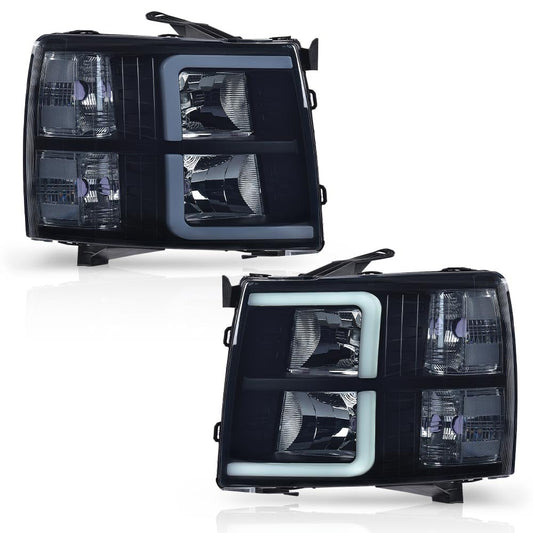 G-PLUS DRL Tube Projector LED Headlights Assembly Fit Chevy Silverado 1500 2007-2013, Fit Chevy Silverado 2500 HD 3500 HD 2007-2014 Headlamps w/o Bulbs Smoky Lens Black Housing Clear Reflector