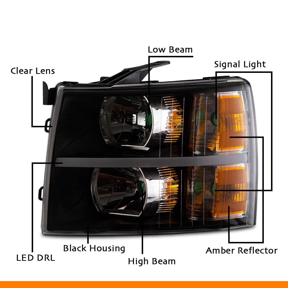 G-PLUS LED Headlights Assembly Fit Chevy Silverado 1500 2007-2013/Fit Silverado 2500 HD 3500 HD 2007-2014,Left & Right Corner Headlamps,Smoky Lens Chrome Housing Amber Reflector,faros delanteros