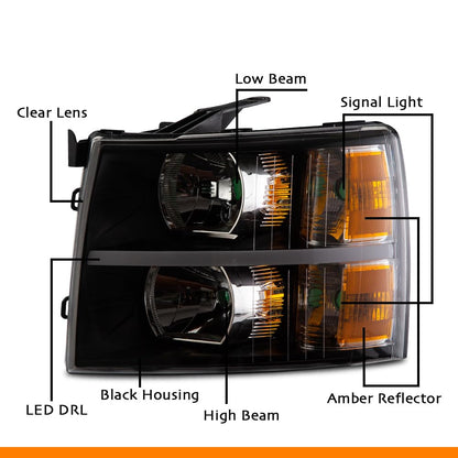 G-PLUS LED Headlights Assembly Fit Chevy Silverado 1500 2007-2013/Fit Silverado 2500 HD 3500 HD 2007-2014,Left & Right Corner Headlamps,Smoky Lens Chrome Housing Amber Reflector,faros delanteros