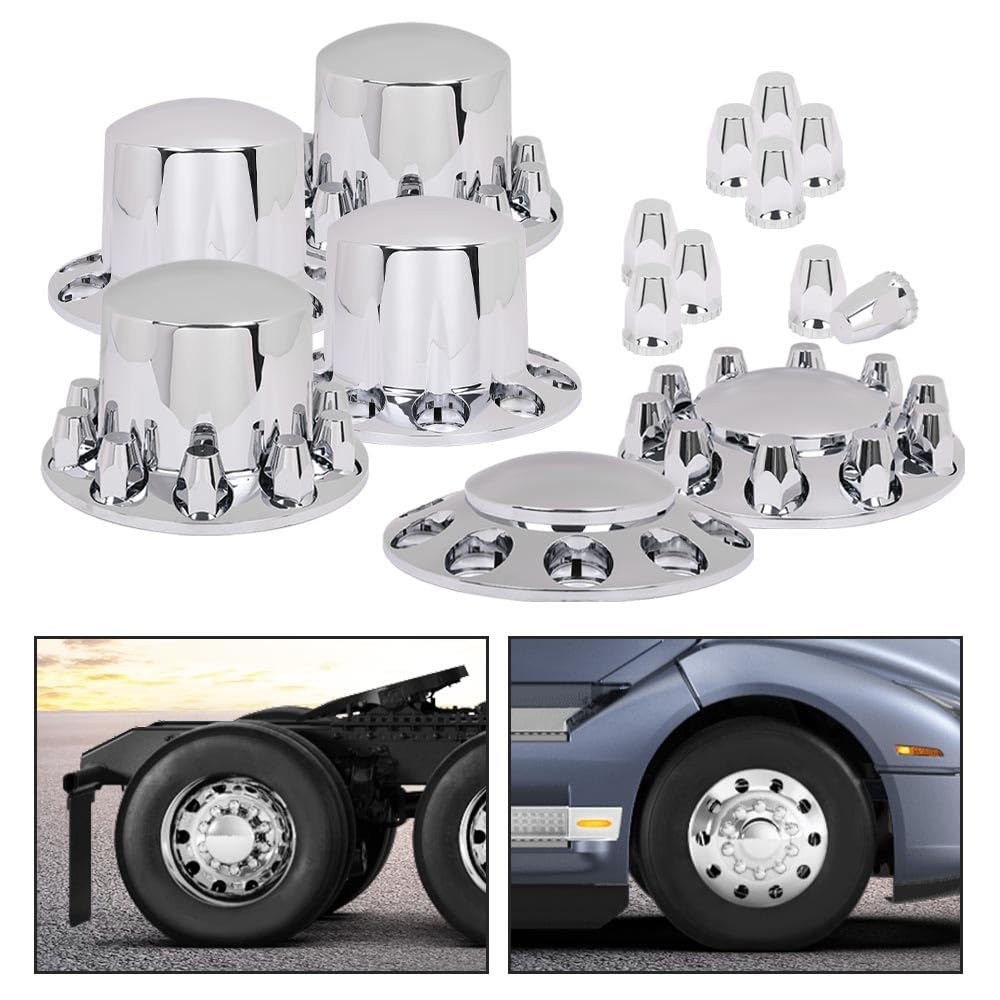 G-PLUS Axle Wheel Covers Removable Hub Caps 2 Front & 4 Rear w/ 33mm Thread-On Lug Nut Covers for Semi Trucks 20" & 22.5" & 24.5" (Chrome ABS Plastic)
