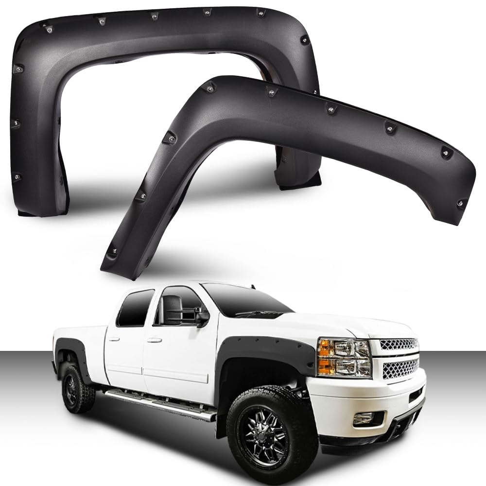 G-PLUS Pocket Rivet Fender Flares, Compatible with Chevy Silverado 1500 07-13/ Silverado 2500HD 3500HD 07-14[Not FENDER FLARES | FIT GMC Sierra], (for Regular Cab and Extended Cab), Textured 78.0"/97.6" Long Bed