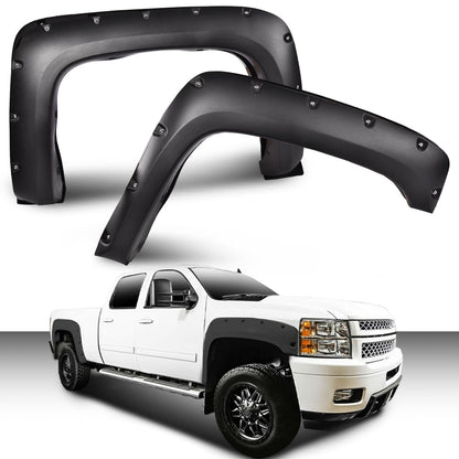 G-PLUS Pocket Rivet Fender Flares, Compatible with Chevy Silverado 1500 07-13/ Silverado 2500HD 3500HD 07-14[Not FENDER FLARES | FIT GMC Sierra], (for Regular Cab and Extended Cab), Textured 78.0"/97.6" Long Bed