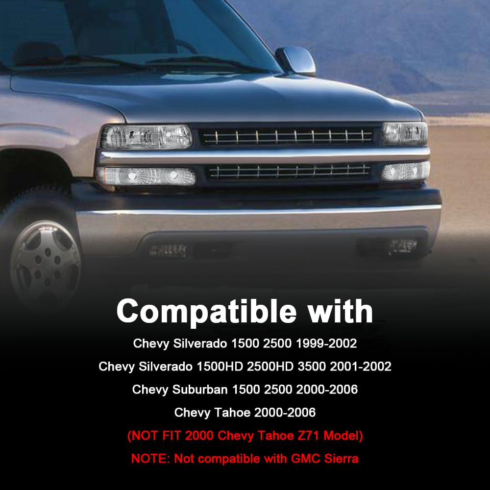 G-PLUS Headlights Compatible with Chevy Silverado 1999 2000 2001 2002,Fit Suburban/Tahoe 2000-2006 Bumper Headlamps, Clear Lens Chrome Housing Clear Reflector Left & Right Side,faros delanteros