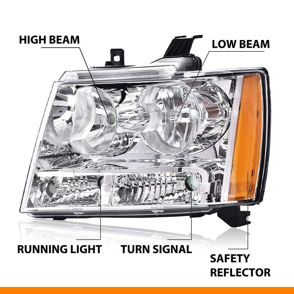 G-PLUS Headlights Assembly Compatible with Chevy Tahoe Subarban Avalanche 2007-2014 Set Pair Bumper Corner Headlamps Left & Right Clear Lens Chrome Housing Amber Reflector,faros delanteros