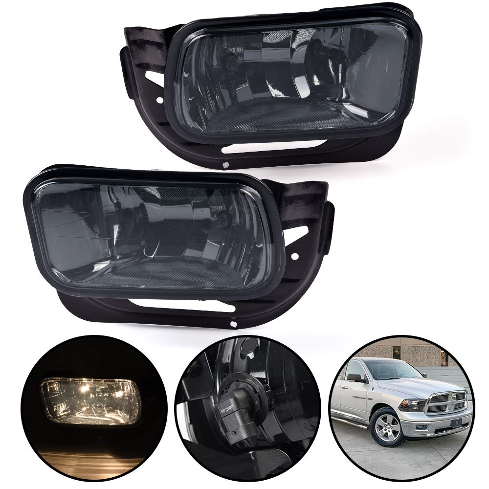 G-PLUS Smoke Lens Front Bumper Fog Lights Assembly Compatible With Dodge Ram 1500 2009-2012/Ram 2500 3500 2010-2018 Driving Lamps w/Bracket + H10 12V 42W Halogen Bulbs