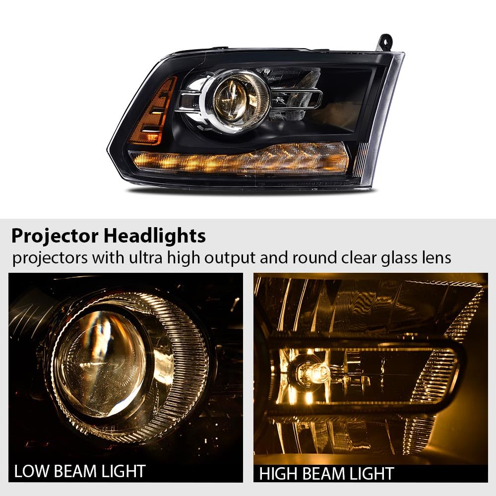 G-PLUS LED Bar Plank Style Headlights Fit for Dodge Ram 1500 2500 3500 2013-2018 Projector Headlamp,Fit Models w/Dual Beam& Quad Beam Models,Clear lens Black Housing Amber Reflector