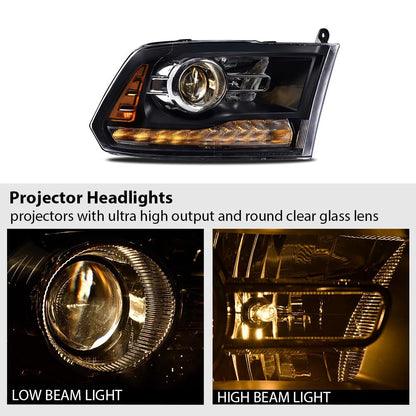 G-PLUS LED Bar Plank Style Headlights Fit for Dodge Ram 1500 2500 3500 2013-2018 Projector Headlamp,Fit Models w/Dual Beam& Quad Beam Models,Clear lens Black Housing Amber Reflector